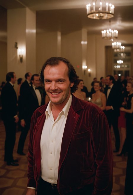 Shin1ng, Jack Torrance, man, smile, ballroom, party, people, Overlook Hotel, indoors, (stylish grainy 35mm analog film photo)