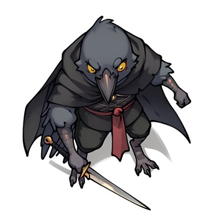 (((detailed, beautiful, high quality))), score_9, score_8_up, score_7_up, solo, 
dndt0ken, top down view, from above,
kenku, anthro bird, anthro crow, plumage, 
1 boy, male focus, yellow eyes, black cape, assassin's clothing, black shorts, 
surprised face holding kunai, kunai (weapon),
white background, standing
