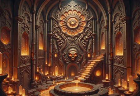 Digital illustration of wall covered with intricate organic patterns resembling neural circuits and ritual scarifications, crystallized pathways glowing with amber light, recursive geometric designs, environmental storytelling, OBxiaoxiang, R3alisticF, G0thicL1nes
