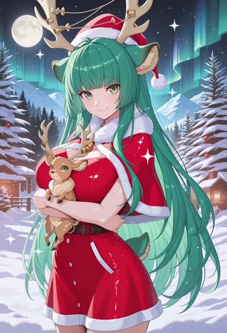 masterpiece, best quality, absurdres, 
1girl, Haruka_Karibu, deer ears, blunt bangs, animal ear fluff, very long hair, green eyes, green hair, deer horns, big breasts, reindeer antlers,
red santa dress, santa hat, fur-trimmed capelet,
outdoors, snowy forest, moonlight, Christmas trees, (sparkles, sparkling clothes), frosted, snow, aurora, moon, night,
cowboy shot, smile, holding animal, (hugging small reindeer), animal hug