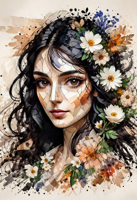 InkMosaic, a portrait of a woman with flowers in her long black hair, brown eyes