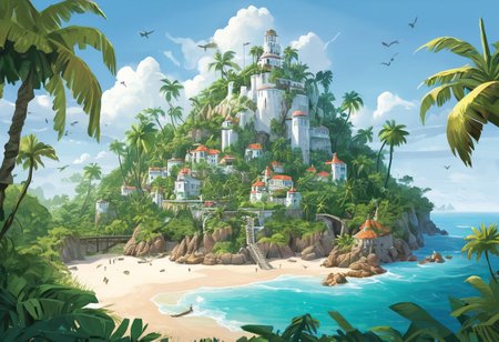 ultra-detailed, graphic novel, illustration of a landscape scenery, tropical island,  the island has a big beach with a dock filled with pirate ships, a castle with very white and shiny walls in the middle of the island, rainforest, palm trees, vegetation,
BREAK,
BEST QUALITY, MASTERPIECE, HIGH-RES, 4K, 8K, HIGHLY-DETAILED,
INTRICATE DETAILS, SHARP FOCUS, SMOOTH SHADING, VOLUMETRIC LIGHTING, EXPRESSIVE ACRYLIC PAINTING, tropical-island-5400