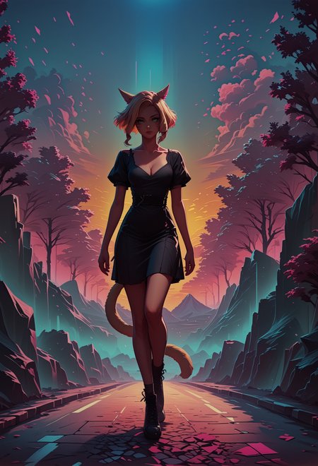 score_9, score_8_up, score_7_up, score_6_up, source_anime, mountainous horizon, sunset, neon lights, cityscape, 1girl, miqo'te with a blonde cat tail, blonde hair, short hair, laced hair, looking at viewer, cleavage, black dress, neon trim, green eyes, posing   <lora:sdxl\RetroWave_PonyXL:0.8>, retrowave <lora:sdxl\sinfully_stylish_SDXL> <lora:sdxl\Concept Art Twilight Style SDXL_LoRA_Pony Diffusion V6 XL:0.8>, concept art