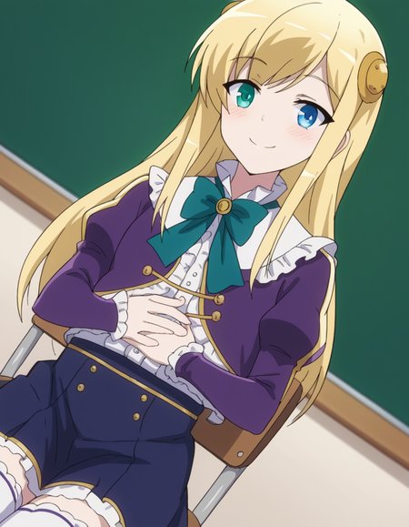 score_9, score_8_up, score_7_up, source_anime, <lora:yumina-belfast-urnea-s2-ponyxl-lora-nochekaiser:1>, yumina belfast urnea, long hair, blue eyes, blonde hair, hair ornament, green eyes,, skirt, thighhighs, purple sleeves, frills, white skirt, skirt, blue skirt, frilled skirt, bowtie, green bowtie, frilled center, classroom, chalkboard, day time, studying, sitting, chair, desk,, smile, hands on stomach, blush,, looking at viewer, solo,, dutch angle, cowboy shot
