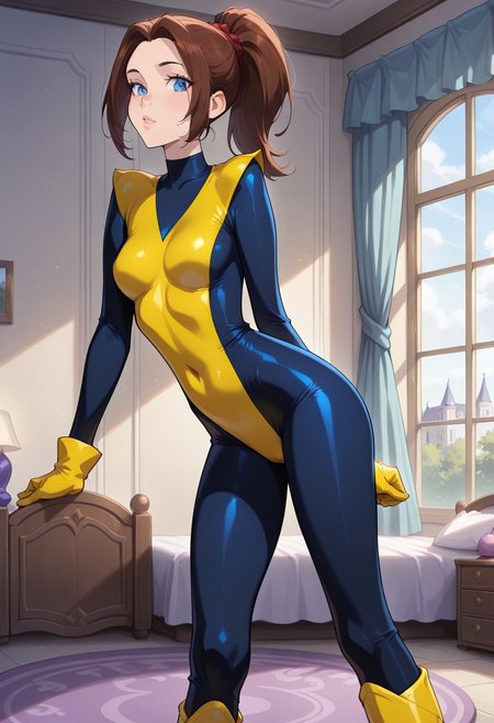 masterpiece,best quality,amazing quality,very aesthetic,absurdres,newest, huge filesize,
<lora:spo_sdxl_10ep_4k-data_lora_webui:0.5>,
<lora:add-detail-xl:1>, spykeee,
 1girl, bedroom, mansion, (KittyPryde, ponytail, parted bangs, brown hair, blue eyes, classic bodysuit, yellow bodysuit, yellow gloves, yellow boots), skinny, slim figure, petite