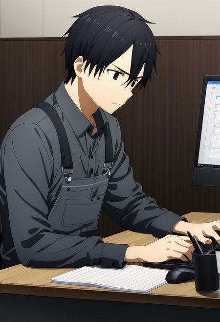 high resolution, professional photography, best quality, 1Boy, Kirigaya Kazuto, Black Hair, Black Eyes, overalldetail, worker, working, office space, office desk, concentration, focus, laptop