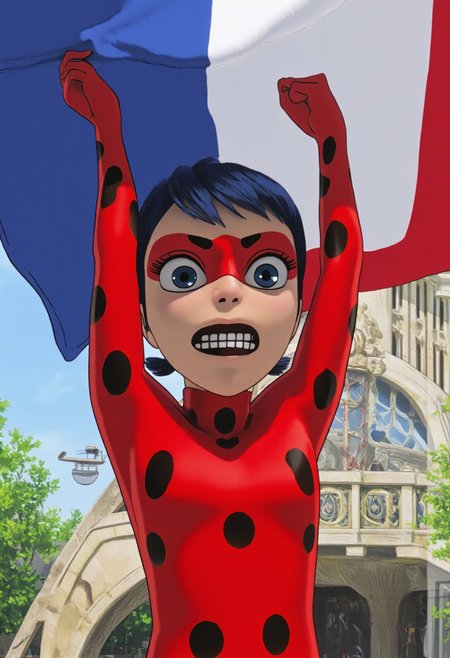 sgbl artstyle, perfection style, full body, Miraculous, an furious girl with bright bluebell eyes, red mask covering her eyes, shoulder-length black hair with blue reflections tied back in pigtails, and red and black suit with black spots all over her body., closed mouth, holding up a massive French flag above head, marching, near the Effiel Tower in Paris, France