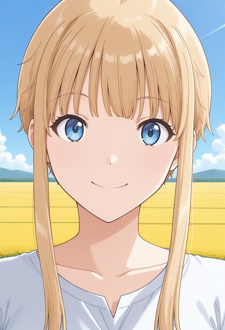 malta, blue eyes, blonde hair, short hair with long locks, sidelocks, shirt, <lora:malta_illustrious_ver1:0.8> 
smile, 
1girl, solo, (field:1.2), (blue sky:1.2), looking at viewer,, masterpiece, best quality, general,, (upper body:1.2), (close-up:1.2), (facing viewer:1.2), (open eyes:1.4), (portrait:1.2)
