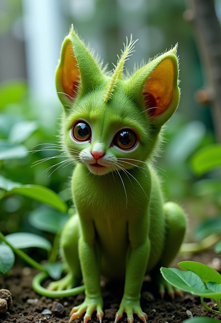 make a special creature that is a mix of a cat and a carnovrous plant, this creature is proportionnal have faculty to move and catch some fly and mouses, its an adaptation of evolution on earth, the picture should be highdefinition and with a lot of detail,background laboratory