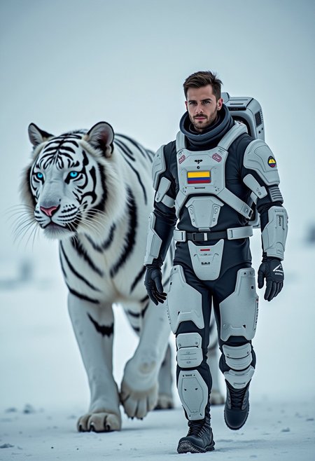 A hyper-realistic image of a Colombian astronaut-soldier in his early 30's, male, Caucasian, wearing advanced, space-ready Destiny II - inspired power armor without a helmet, walking beside a gigantic robotic white tiger. The icy plains of Europa stretch behind them, with the robotic tiger’s glowing blue stripes lighting up the frozen landscape. The soldier’s face is clearly visible, showing calm focus, with the Colombia flag badge displayed on both their armors. Adding depth to the composition. High-contrast color, cinematic quality, high resolution, super-detailed, super-sharp focus, depth of field, and dramatic lighting and shadows.