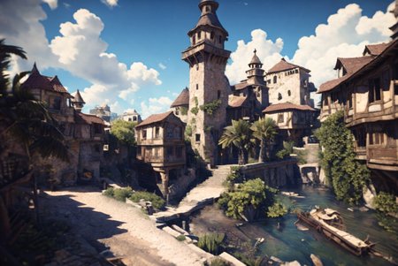 <lora:HarborAndDocks:0.8> hado, outdoors, watercraft, building, clouds, docks, water, morning light, fantasy, mystical, magical, stone and wood,  OverallDetail, epiCPhoto,  <lora:Wizard_Tower:0.6> witow, tower, castle,   Style-Renaissance