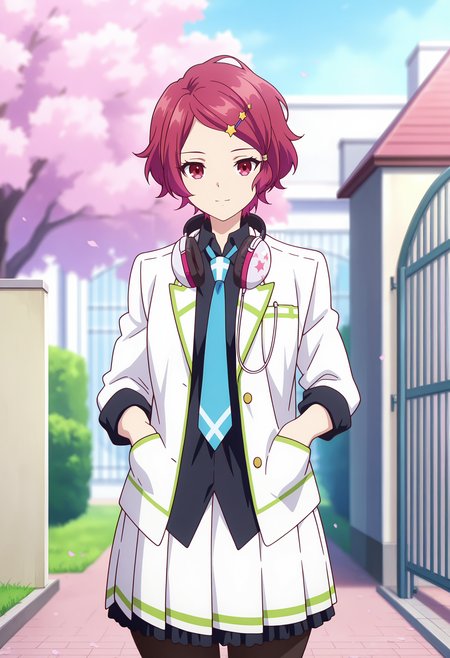 anime screencap, masterpiece, best quality,
<lora:MusaigenNoPhantomWorld_MinaseKoito_IlluXL:0.9>,
1girl, solo, closed mouth, light smile,
short hair, swept bangs, red hair, red eyes, star hair ornament, headphones around neck,
white jacket, collared shirt, black shirt, blue necktie, long sleeves, pleated skirt, frilled skirt, white skirt, black pantyhose,
hands in pockets, standing, looking at viewer, cowboy shot, thighs,
building, cherry blossoms, gate, grass, day, blurry background