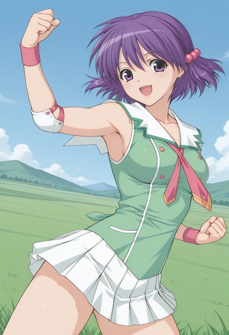 yuuki_chigusa, purple eyes, purple hair, short hair, hair ornament, hair bobbles, wristband, elbow pads, necktie, green shirt, white sailor collar, sleeveless, pleated skirt, white skirt, miniskirt, <lora:yuuki_chigusa_illustrious_ver1:0.8> 
smile, open mouth,, masterpiece, best quality, sensitive,, 1girl, solo, blue sky, (grasslands:1.2), looking at viewer,, (cowboy shot, dynamic pose:1.4),