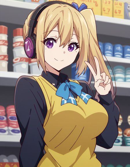 score_9, score_8_up, score_7_up, source_anime, <lora:mai-kawakami-s1-ponyxl-lora-nochekaiser:1>, mai kawakami, blonde hair, hair ribbon, long hair, mole, mole under eye, ribbon, side ponytail, purple eyes, large breasts,, sweater vest, vest, yellow vest, buruma,, music store, browsing records, headphones, vinyl collection, nostalgic, smile, looking at viewer, v, v over eyes,, solo,, dutch angle,