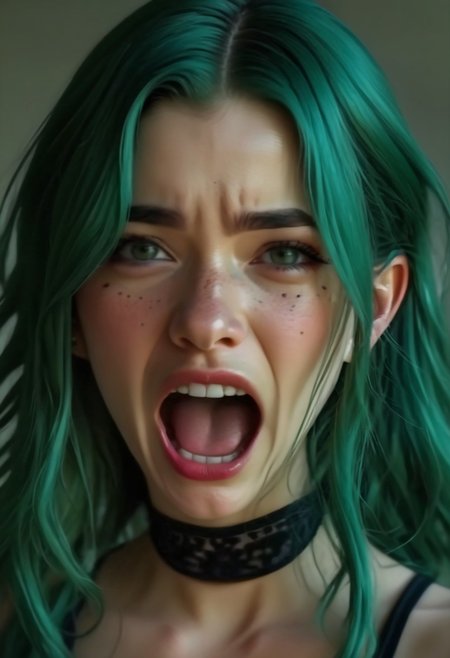 Realistic, realism, 4K, hi-res, Daphne, 20, green hair, freckles, black collar, front facing, (angry), shouting, (enraged), wild,