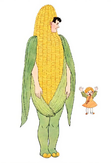 illustration of a male model dressed as a corn on the cob, earthkids style