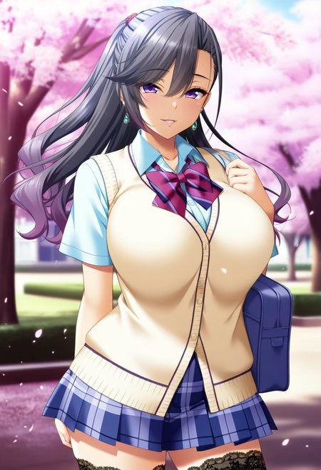 masterpiece, best quality, amazing quality,kyouka saotome, purple eyes, black hair, long hair, ponytail, mature female, 1girl, solo,breasts, school uniform,pleated skirt,lace-trimmed legwear,large breasts, plaid, earrings,black thighhighs, light blue shirt, light yellow cardigan vest, blue skirt, short sleeves,parted lips, light smile, standing, looking at viewer, cowboy shot, blurry background, outdoors, school, cherry blossoms  <lora:kyouka saotomeV1:0.9>