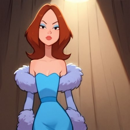 score_9, score_8_up, score_7_up, 1girl, brown hair, medium hair, makeup, narrow waist, wide hips, flat chest, looking at viewer, dress, feather boa, stage, spotlight, high quality, highres, masterpiece, <lora:Ashley_Q.:1>