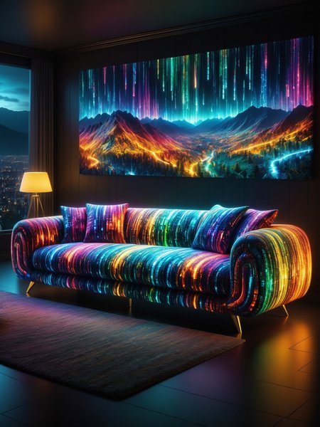 glowing colorful mad-mtrx sofa in a dark living room, photo of a landscape on the wall, night, dynamic pose <lora:Colorful_Matrix_SDXL:0.6>, (masterpiece:1.2), best quality, (hyperdetailed, highest detailed:1.2), high resolution textures