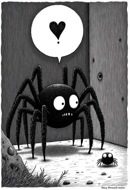 darkdreary, illustration featuring a large spider with a speech bubble with a heart sign and a question mark, and a small spider leaning back cautiously while looking with big googly eyes