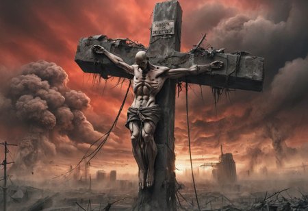 high quality, dlsr, apocalyptic world , with red sky and clouds, crucifix nuclear blast, windy, dvr-lnds-sdxl, anime, cyberpunk, giant decayed human hanging