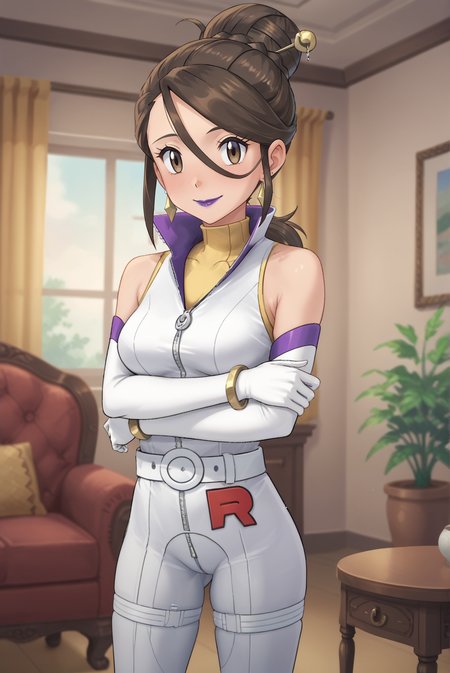 score_9, score_8_up, score_7_up, score_6_up, score_5_up, score_4_up, BREAK, 1girl, solo,
<lora:SierraXL-v1-07:0.7>, ChopioSierra, brown hair, single hair bun, hair stick, brown eyes, purple lipstick, earrings, looking at viewer,
medium breasts,
outfit_1, white bodysuit, high collar, zipper, yellow undershirt, elbow gloves, white belt, bracelet, thigh strap,
living room, standing, smile, crossed arms, arms under breasts,
<lora:Style_Pokemon1:0.8>, pks, pokemon, pokemon \(anime\), pokemon \(classic anime\), anime screencap,