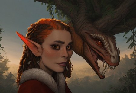 safe_pos, feminine, bosmer woman, fit body, bone masks, carved masks, painted masks, random face, colorful skin, pale red skin, strong jawline, angular facial features, asymmetrical features, wide nose, fur mantle, rough leather clothes, female, archer's physique, joking demeanor, slightly pointed ears, pinned back ears, long face, very short ears, curved ears, scalloped ears, short ears, firbolg nose, uncanny features, snake nose, reptilian nose, realistic, long face, bosmer, alien, elongated head, flat nasal ridge, elongated skull, bony nose, slit nostrils, aquiline features, medium body hair, dunmer, creature, bony dermal ridges, rough complexion, body tattoos, native american tattoos, medium breasts, natural breasts, shapely figure, chiseled features, athletic build, weathered skin, large nose, animated realism, zoomed out, Inuit features, sage colored skin, pale skin, copper and jade clothes, dark orange sclera, saurian pupils, horizontal pupils, cuttlefish eyes, narrow eyes, dark red pupils, very slanted eyes, squinted eyes, double lidded eyes, eye membrane, slanted brows, bony brows, highly detailed, defined features, looking at viewer, from side, full body, zoomed out, dynamic lighting, 29 years old, light and shadows, jovial expression, expressive eyes, smiling, laughing, Native American pattern leather clothes, medium hair, elegant hairstyle, tribal hair, wavy hair, thick hair, braided hair, wild cut hair, semirealistic, alien elf, mongolian features, slavic features, aztec features, vibrant hair, colorful hair, sharp features, high detail, absurdres, intense eyes, detailed eyes, dark orange eyes, paleolithic clothes, Crowded village, dense redwood forest, intricate fur tents, bone furniture, masterpiece, Vilontrebramb, tree, outdoors, scenery, tree houses, elegant architecture