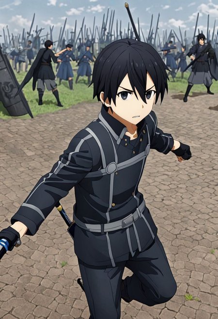 high resolution, professional photography, best quality, 1Boy, Kirigaya Kazuto, Black Hair, Black Eyes, war, virtual world, sword fighting, overalldetail