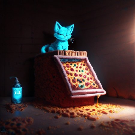 candy kitty, top down full body view, neon blue glow, ((cute adorable and fluffy cat sleeping ontop of a pizza what rests ontop of a pizza box)), futuristic robot cat, fluffy wild kitty cat, NightScapes, pizza, neko, cat, feline, cheese strings, juicy, perfectly baked pizza, juicy pepperony pizza, cozy atmosphere, creative light overlay, 4k, masterpiece, (masterpiece), best quality, (4K), (cinematic lighting), highly detailed, 8K, UHD, ultra detailed, immersive picture, vivid colors, volumetric light, cinematic light, extremely detailed CG, clutter, thrash, cluttered shed, boxes labeled 'stuff', tangled cables, tools, batteries, charger, 18650 randomness, various objects, wall painting, low key, spot lighting, BREAK glass jars, liquid,  glass, glass bottle, red liquid, backlit, sleeping neko cat,