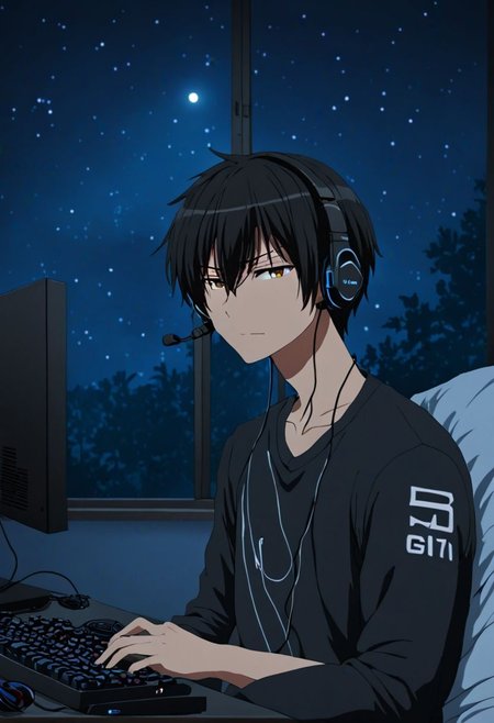 high resolution, solo, best quality, 1Boy, Kanie Seiya, Black Hair, gamer, bedroom, night, pc, sit, headset, portrait, OverallDetail