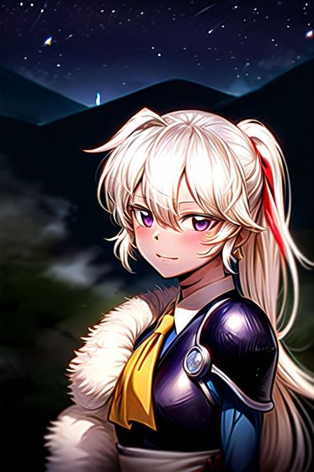 best quality 1girl Setsun4 solo long hair,  (night time) forest background black hair very long hair purple eyes multicolored hair armor, small, (fur trim) (medium body),<lora:EMS-179-EMS:0.800000>,<lora:EMS-293862-EMS:0.800000> bow, hair_bow, hair_tubes, red_bow, brown_hair, long_hair, bangs, ascot, frilled_bow, yellow_ascot, blush, smile, hair_between_eyes, athletic, armor, miko, strengthmda,  Smiling, happy, helmet