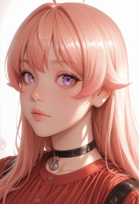 masterpiece,best quality,absurdres,highres,very aesthetic,high quality,detailed,insanely detailed,beautiful,perfect lighting, ,depth of field,blurry background,bokeh, looking at viewer,
<lora:MoriiMee_Gothic_Niji_Style_Illustrious_r1:1> artist:moriimee,
1girl,, looking at viewer, , white background, simple background, portrait, upper body,
 <lora:Wakatsuki Niko illu:1> 1girl, pink hair,ahoge, purple eyes, long hair, red dress, choker, belt