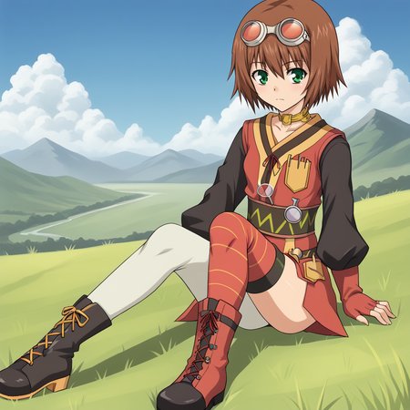 1girl, solo, R1tamord1o, brown hair, short hair, green eyes, sitting, outdoors, blue sky, cloudy sky, grass, scenery, summer, mountainous_horizon, <lora:Rita Mordio - Tales of Vesperia-000014:0.8>, choker, goggles on head, red dress, gloves, thighhighs, single leg pantyhose, asymmetrical clothes, asymmetrical legwear, mismatched footwear, asymmetrical footwear, boots, day,