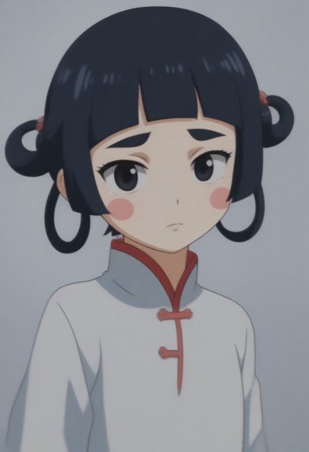 source_anime, anime screencap, source_anime, auratheguillotine, anime screencap, masterpiece, source_anime, shiny skin,,,,,,,,,<lora:jasmineMedi_illustriousXL_v01:1> jasmindef, black hair, blunt bangs, short hair, black eyes, blush stickers, hair rings, sidelocks, small brows, chinese clothes, white dress,