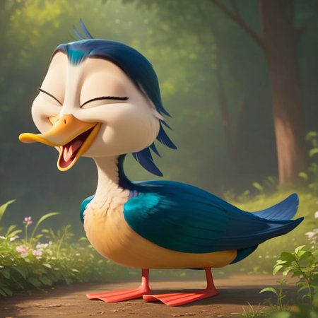 score_9, score_8_up, score_7_up, masterpiece, best quality, highly detailed, realistic, Expressiveh, 1girl, solo, KimMG, furry, feral, furry female, avian, duck, eyes closed, yellow beak, blue body, white body, feathers, feathered tail, (duck feet, orange webbed feet, 3 toes), feathered arms, forest, afternoon, standing, detailed background, (looking at viewer), smile, happy, open mouth, tongue