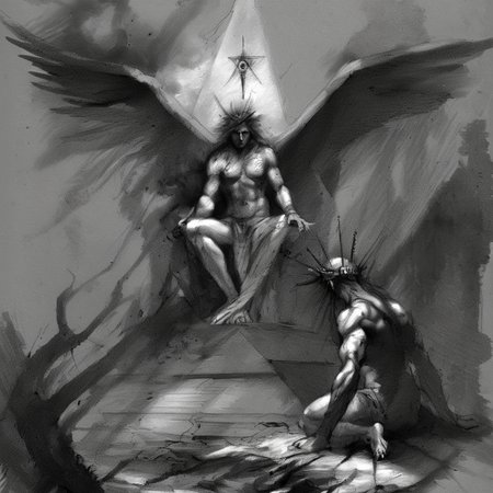 drawix8 fallen angel kneeling before god, dark clouds and eye of providence, very detailed, dark, masterpiece, unusual expressive shot <lora:drawix8:1>