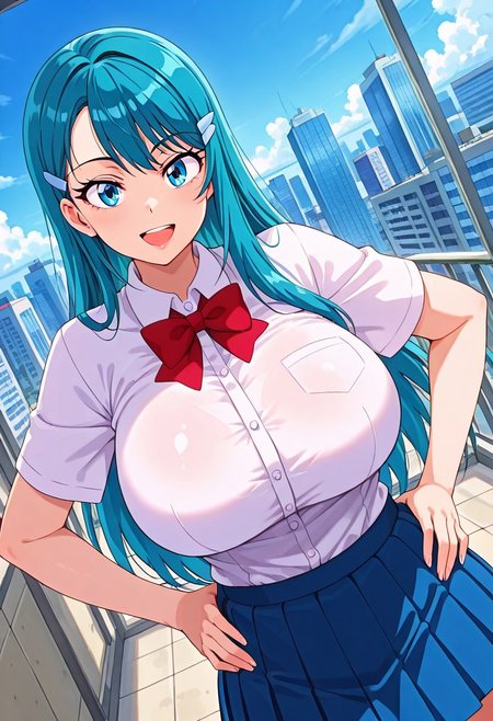 general,highres, ultra-detailed,very aesthetic,best quality ,best hands,best eyes,easynegative,
dynamic anglre, dutch angle, anime cloring,
1girl solo,looking at viewer,city,hands on hip,smile,open mouth, 
Rei Kuki,blue hair,long hair,blue eyes,huge breasts,hairclip,school uniform,