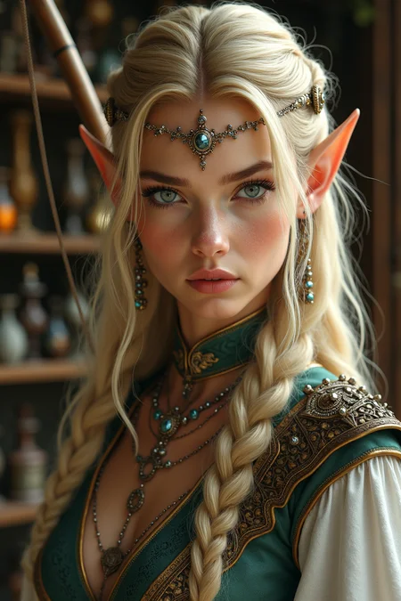 A close-up of a stunning female elven archer, showcasing her upper body with flowing golden hair and piercing silver eyes. She is adorned in intricate, high-quality attire, with luxurious accessories and exquisitely crafted jewelry that highlight her noble stature. Her expression is one of unwavering determination, with sharp eyes focused on her target. The setting is a richly detailed weapon shop, filled with beautifully crafted weapons and artifacts. The scene captures the perfect blend of surreal fantasy and hyper-realism, with enhanced sharpness and intricate details that bring out the elegance and intensity of the character.