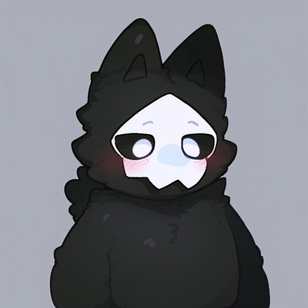 score_9, score_8_up, score_7_up, puro, black latex, furry, changed, white eyes, white mask, black fur, 1boy, solo, conswayo_, cute style, cute, 2d, simple background, (blush), (contemptuous eyes)
