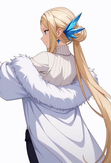 Smooth Quality,masterpiece,very intricate, high quality details, ultra realistic, high detailed skin,detailed enviorement,absurdres,
simple background, white background, dancing, solo,from behind,
 <lora:Krishna_CNR:0.8> krishna_cnr, 1girl,blonde hair,very long hair,single hair bun, sidelocks, parted bangs, blue eyes, breasts,  hair ornament, earrings,, traumatized,, c:,, turtleneck sweater, ,fur coat, ,cropped pants,  ,