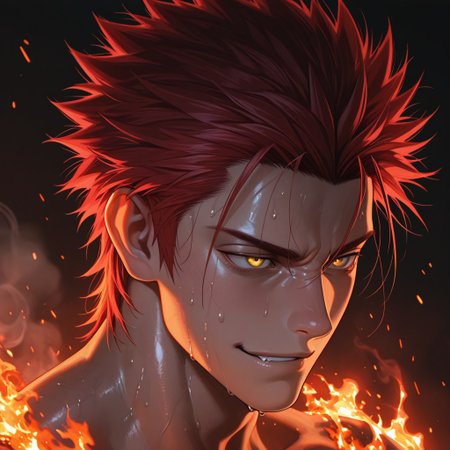 masterpiece, best quality, amazing quality, absurdres, newest, detailed background, definition so sharp, Ultra-HD, 8K cinematic, very awa, impressionate, amazing quality, highres, 
solo, male focus, manly, 
1boy, spiked hair, short hair, mikoto_red hair, mikoto_yellow eyes, mikotosuoh, close up, eye contact, intense gaze, sweat, slight smirk, fire \(effect\), glowing, dark background, embers, smoke, raw power, contained, smoldering, dangerous