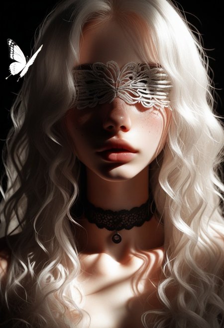 score_9, score_8_up, score_7_up, BREAK, 1girl, white hair, long hair, bug, butterfly, choker, lips, wavy hair, butterfly on face, facing viewer, covered eyes, upper body, dark theme, freckles, sunlight creates contrast with the dark theme, adding depth to her realistic features, pvdlle