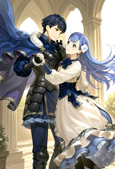 masterpiece, best quality, amazing quality, soft lighting, low lighting, volumetric lighting, outdoors, 1girl, <lora:rinea-10:0.8>, rinea_(fire_emblem), hair ornament,  flower, black hair, , blue eyes,  long hair, hair flower, crown braid, black pantyhose, fur trim, corset, flower, puffy sleeves, frills, pantyhose, frilled dress, puffy long sleeves, blue bowtie,  blue dress, long sleeves, blue bow, white dress, shoes, braid, dress, blue skirt
 BREAK 
1boy, b3rkut_fe, blue hair, bangs, short hair, brown eyes,black armor, fur trim, blue cape, pauldrons, shoulder armor, gauntlets, pants, holding hands to each other, looking at each other,smile, cowboy shot