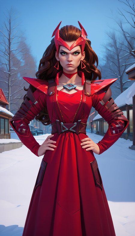 zPDXL3,<lora:LunarCAT_Style:.8>, <lora:WandaMR:.7>,
scrltwtchmr, woman, green eyes,makeup,brown hair,long hair, headpiece,red dress,earrings,shoulder pads, long sleeves, looking at viewer, serious, standing, hands on hips, outside, park, trees, snow, blue sky, city,