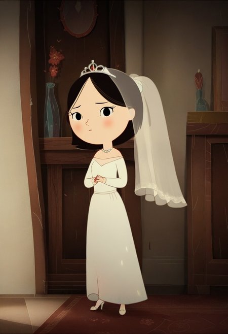 zPDXL3, source_cartoon, Perfect Hands, full body, 1girl, solo, saoirse, black hair, black eyes, blush, short hair, Full body, barefoot, Perfect Hands, Wedding dress, Wedding veil, Golden tiara, white high heels sandals, indoors,  (detailed backbround:1.3)
