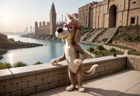 (((Barefoot furry character, cinematic setting, furry male, upper body, correct anatomy))) 
(((Sumerian, scenery, building, city, cityscape, monumental architecture))), view from behind on Mr Peabody standing on the balcony, looking at the sumerian city in front of him, leaning on the railing. Mr Peabody, black pajama, white dog, glasses, small dog snout, tall body, small head, sunset
BREAK, intricate details, highly detailed, extreme detail, octane render, fine art, best quality, highres, (detailed face:1.5), UHD, (((perfect hands))),