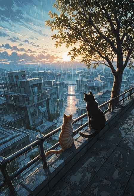 multiple cats, domestic cat, orange tabby cat, black tabby cat, white tabby cat, striped kitten,
on rooftop, sitting in a row, back view, tail hanging down, tail down,
sunny day, soft shadows, warm lighting, vibrant colors, slice of life, serene mood, sunny, rain, rainbow on sky, white clouds, urban rooftop, concrete wall, plants in foreground, tree, open air, peaceful afternoon,   
masterpiece, amazing quality, best quality, scenery, painterly, anime coloring