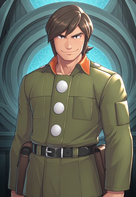 solo, masterpiece, detailed, ultra hd, best quality, 1boy, male, official art, w0lfc0nf, modern, new, masculine face, daddy looking face

PokemonBrandon, brown hair, green uniform, belt, looking at viewer, smiling