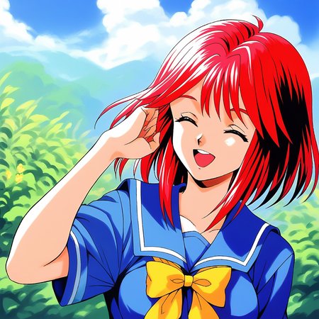 score_9, score_8_up, score_7_up, source_anime, rating_explicit, BREAK  <lora:Asahina_Yuko_XL:1> AsahinaYuko, red hair, medium hair, closed eyes, bangs, sidelocks, breasts,
1girl, solo, school uniform, open mouth, smile, looking at viewer, transparent background, serafuku, sailor collar, portrait, blue sailor collar, 1990s (style), yellow bow, 
looking at viewer,  shirt, blue shirt,
outdoor, day, sky,