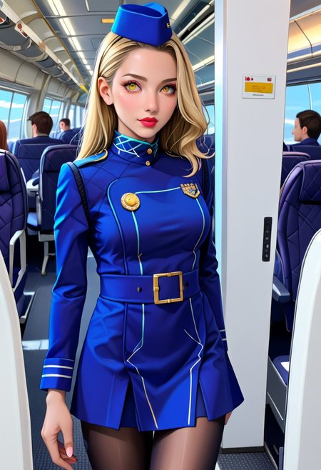 score_9, score_8_up, score_7_up, source_anime, highly detailed,  
1 girl, 23 years old,
margaretp4, blonde hair, long hair, yellow eyes, big breasts,
cabin crew, blue skirt, uniform, white shirt, miniskirt, stewardess hat, pantyhose, black pantyhose, high heels, lipstick,
airport, lounges, standing, From front.